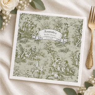 Vintage Olive Green Toile de Jouy Floral Napkin