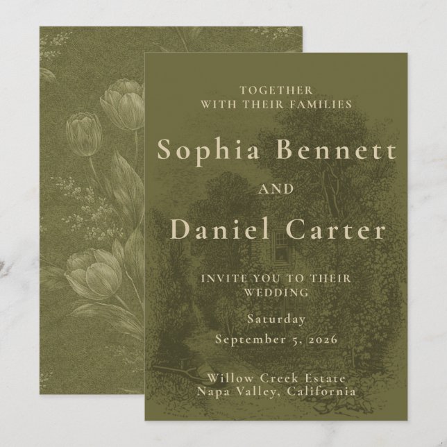 Vintage Olive Green Wedding Invitation (Front/Back)