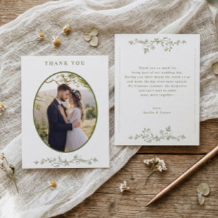 Vintage Olive Oval French Floral Wedding Photo Thank You Card