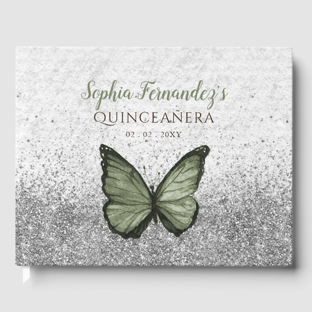 Vintage Olive Sage Silver Butterfly Quinceañera  Guest Book (Front)