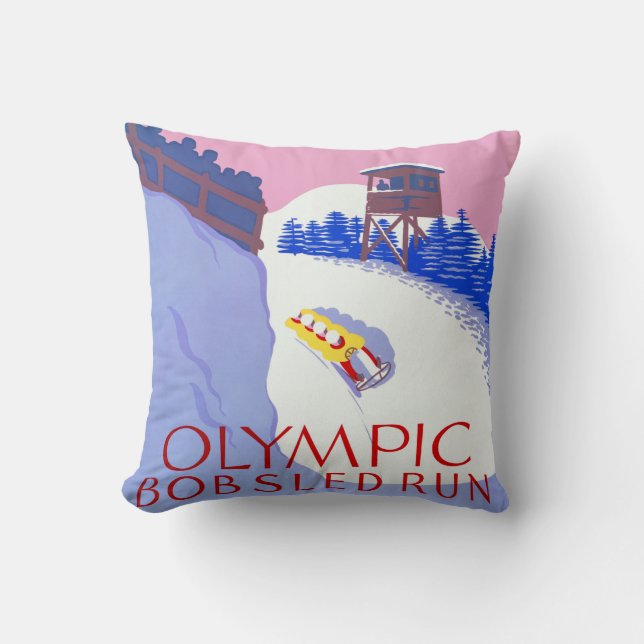 Vintage Olympic Bobsled Run Lake Placid Cushion (Front)