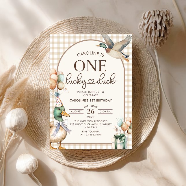 Vintage One Lucky Duck Balloon 1st Birthday Invitation (Creator Uploaded)
