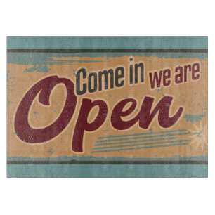 Vintage open business sign cafe garage red teal cutting board