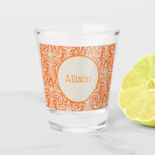 Vintage Orange and White Damask Personalised  Shot Glass