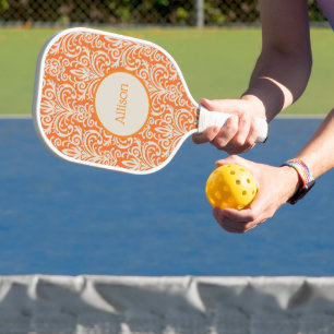 Vintage Orange and White Damask Personalized Pickleball Paddle
