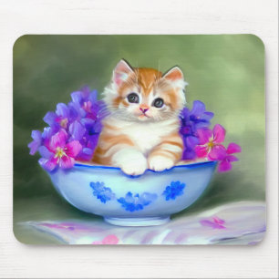 Vintage Orange and White Kitten Illustration Mouse Pad