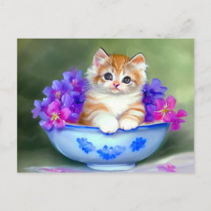 Vintage Orange and White Kitten Illustration Postcard