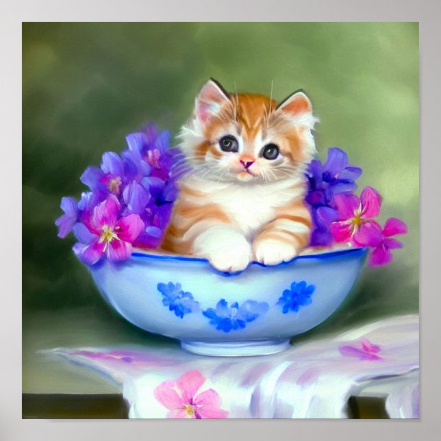 Vintage Orange and White Kitten Illustration Poster (Front)