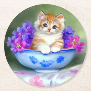 Vintage Orange and White Kitten Illustration Round Paper Coaster