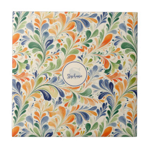 Vintage Orange Blue Green Floral Paisley Tile
