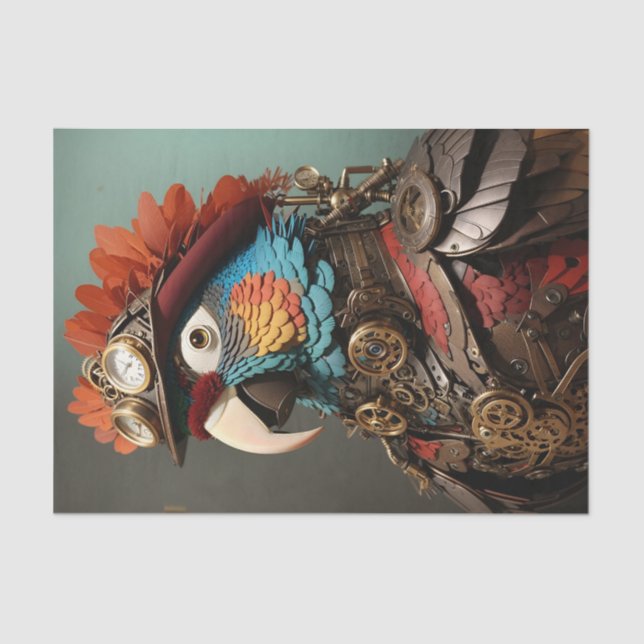 Vintage Orange & Blue Steampunk Parrot Tissue Paper (Front)