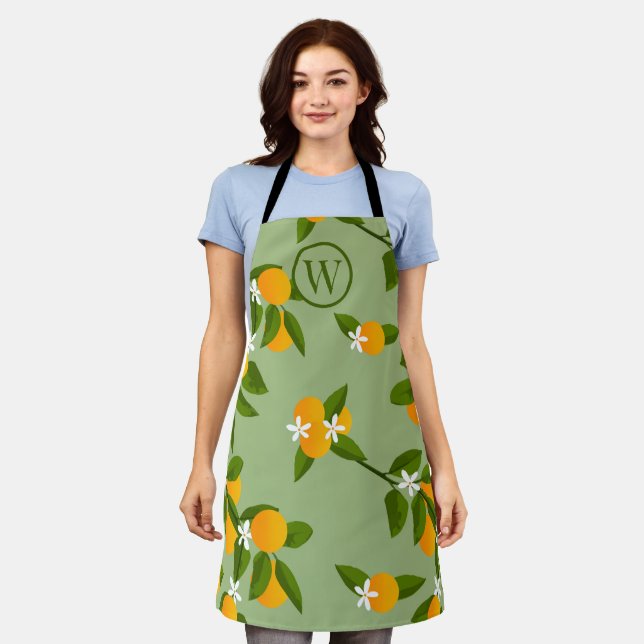 Vintage Orange Branches Fruit Patterned Apron (Worn)