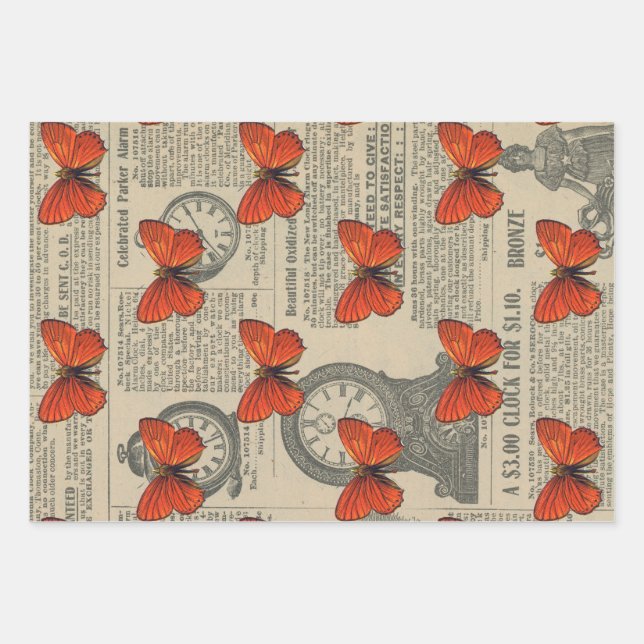 Vintage Orange Butterfly and Newspaper Wrapping Paper Sheet (Front)