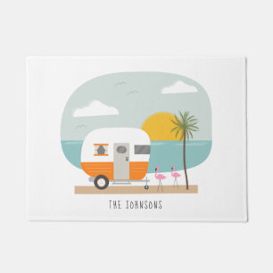 Vintage Orange Camper Beach Flamingos Doormat