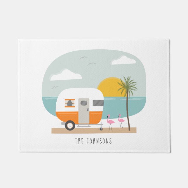 Vintage Orange Camper Beach Flamingos Doormat (Front)