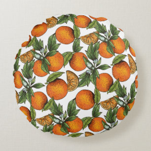 Vintage Orange Citrus Fruit Pattern Round Cushion