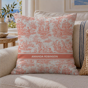 Vintage Orange French Toile de Jouy Floral Cushion