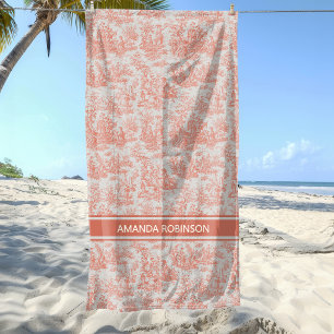 Vintage Orange French Toile de Jouy Pastoral Beach Towel