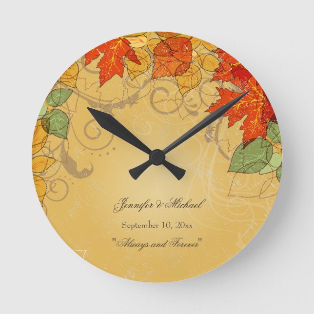 Vintage orange gold fall leaves wedding clock (Front)