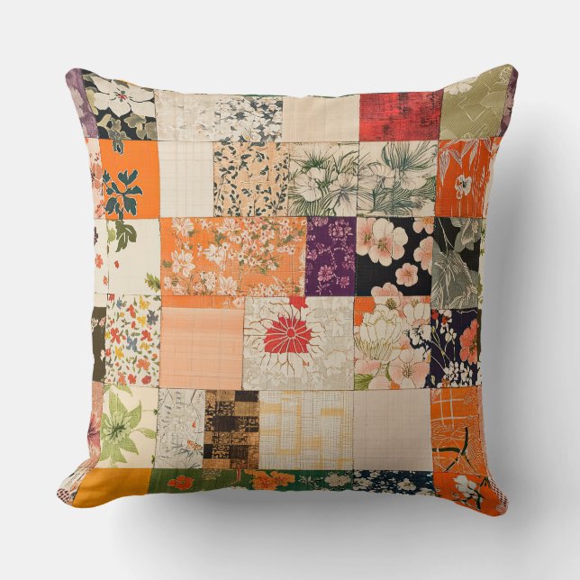 Vintage Orange Kimono Patchwork  Cushion (Front)