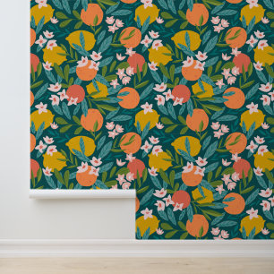 Vintage Orange & Lemon Blossom Pattern Wallpaper