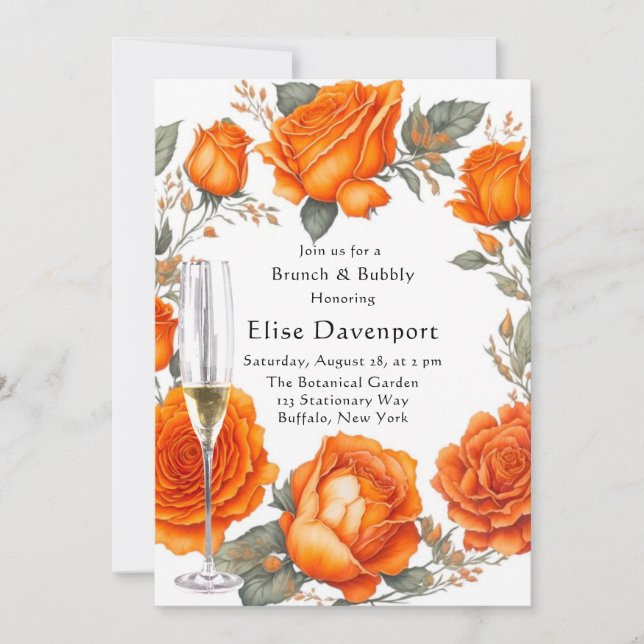Vintage Orange Peonies Brunch & Bubbly Invitation (Front)