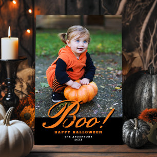 Vintage Orange Script Boo! Halloween Photo Holiday Card