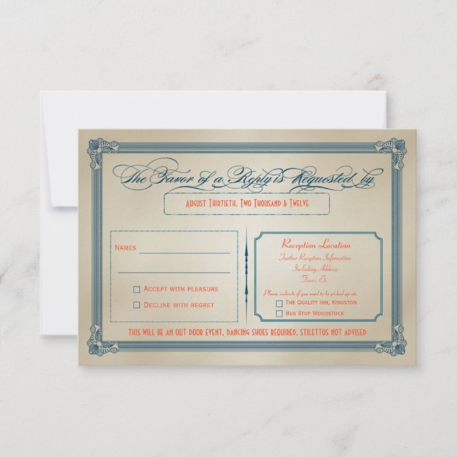 Vintage Orange, Teal & Blue DIY Wedding RSVP (Front)