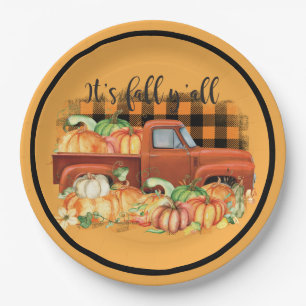 Vintage Orange Truck Fall Pumpkins Paper Plate