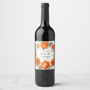 Vintage Orange Watercolor Peonies Wedding Wine Label