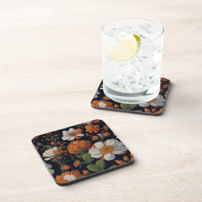 Vintage Orange white elegant retro flowers Coaster (Right Side)