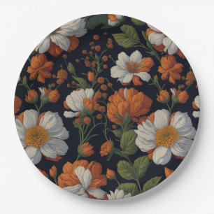 Vintage Orange white elegant retro flowers Paper Plate