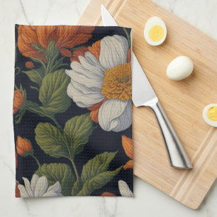 Vintage Orange white elegant retro flowers Tea Towel