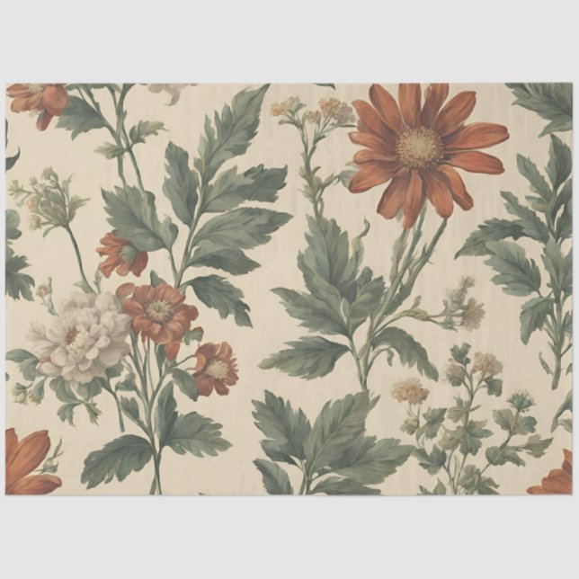 Vintage Orange Wildflower Greenery Decoupage  Tissue Paper (Front)