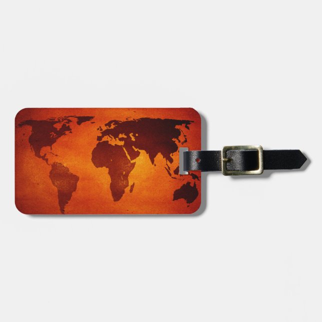 Vintage orange world map luggage tag (Front Horizontal)