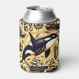 Vintage Orca Nautical Pattern Can Cooler