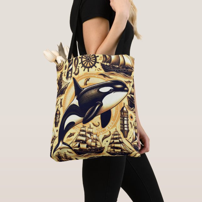 Vintage Orca Nautical Pattern Tote Bag (Close Up)