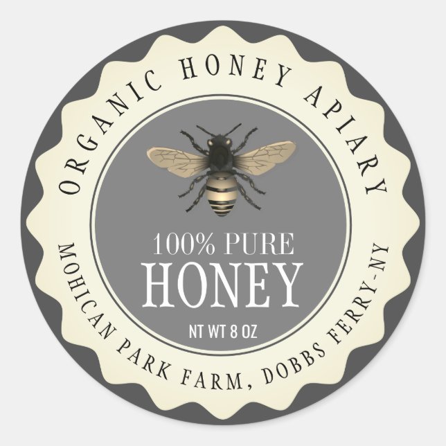 Vintage Organic Bee Honey Jar Custom Label (Front)