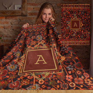 Vintage Oriental Rug Monogram Red Burgundy Gold    Fleece Blanket