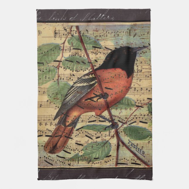 Vintage Oriole On  Music Tea Towel (Vertical)