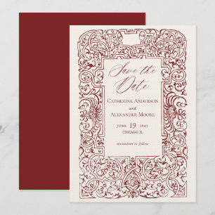 Vintage Ornament Frame Dark Red Wedding Save The Date