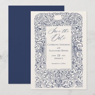 Vintage Ornament Frame Elegant Blue Wedding Save The Date