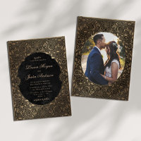 Vintage Ornament Gold Photo Wedding Invitation