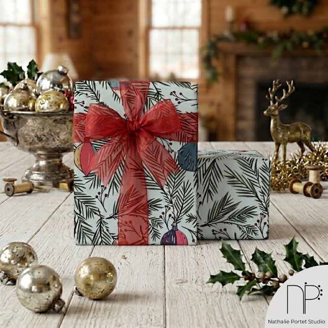 Vintage Ornament Pine Holiday Wrapping Paper (Hand drawn vintage ornament and pine needle wrapping paper for elegant festive holiday gifts)