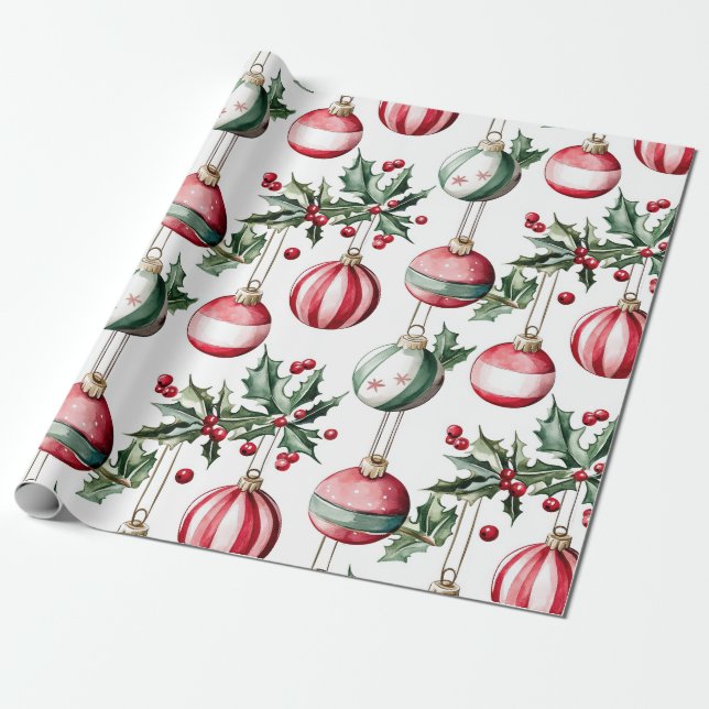 Vintage Ornaments Holly Christmas Wrapping Paper (Unrolled)