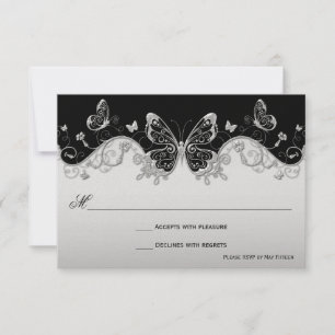 Vintage Ornate Black Silver Butterfly Swirls RSVP Card