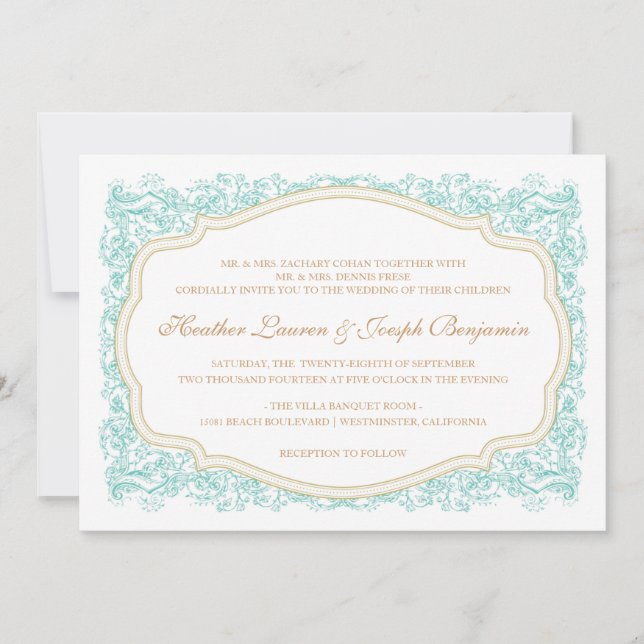 Vintage Ornate Blue & Gold Wedding Invitation (Front)