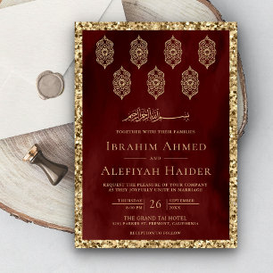 Vintage Ornate Lanterns Maroon Gold Muslim Wedding Invitation