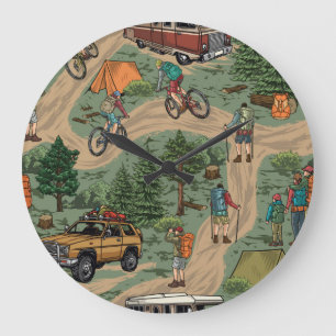 Vintage Outdoor Pattern: Hikers, Bicycles Large Clock