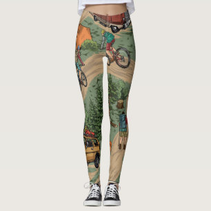 Vintage Outdoor Pattern: Hikers, Bicycles Leggings